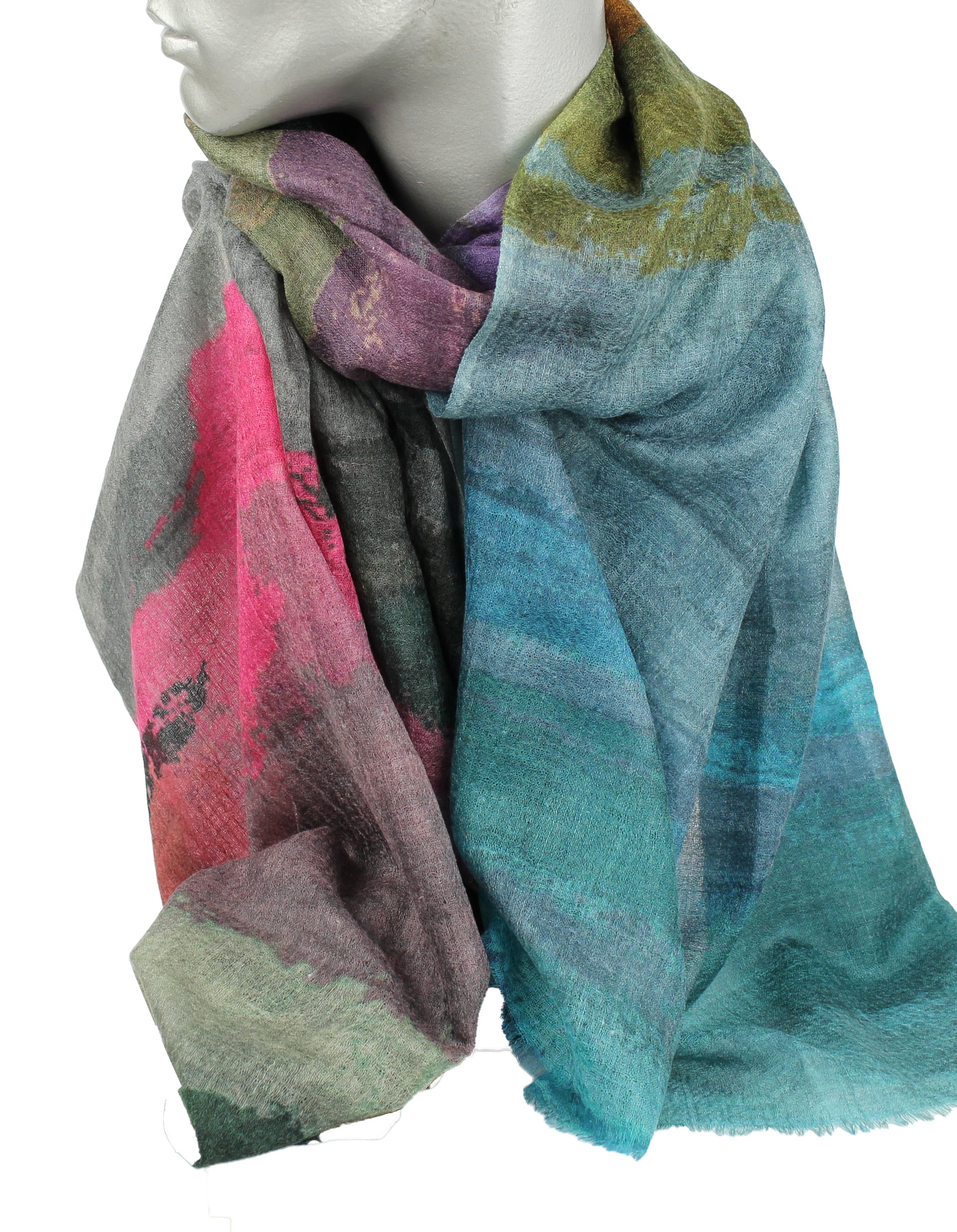 Tørklæde - uld/silke - Grøn - Fuchia  blend - 33142B