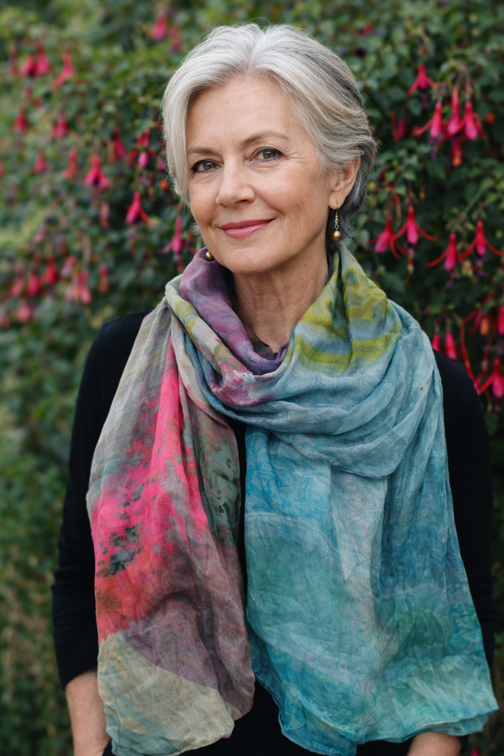 Tørklæde - uld/silke - Grøn - Fuchia  blend - 33142B