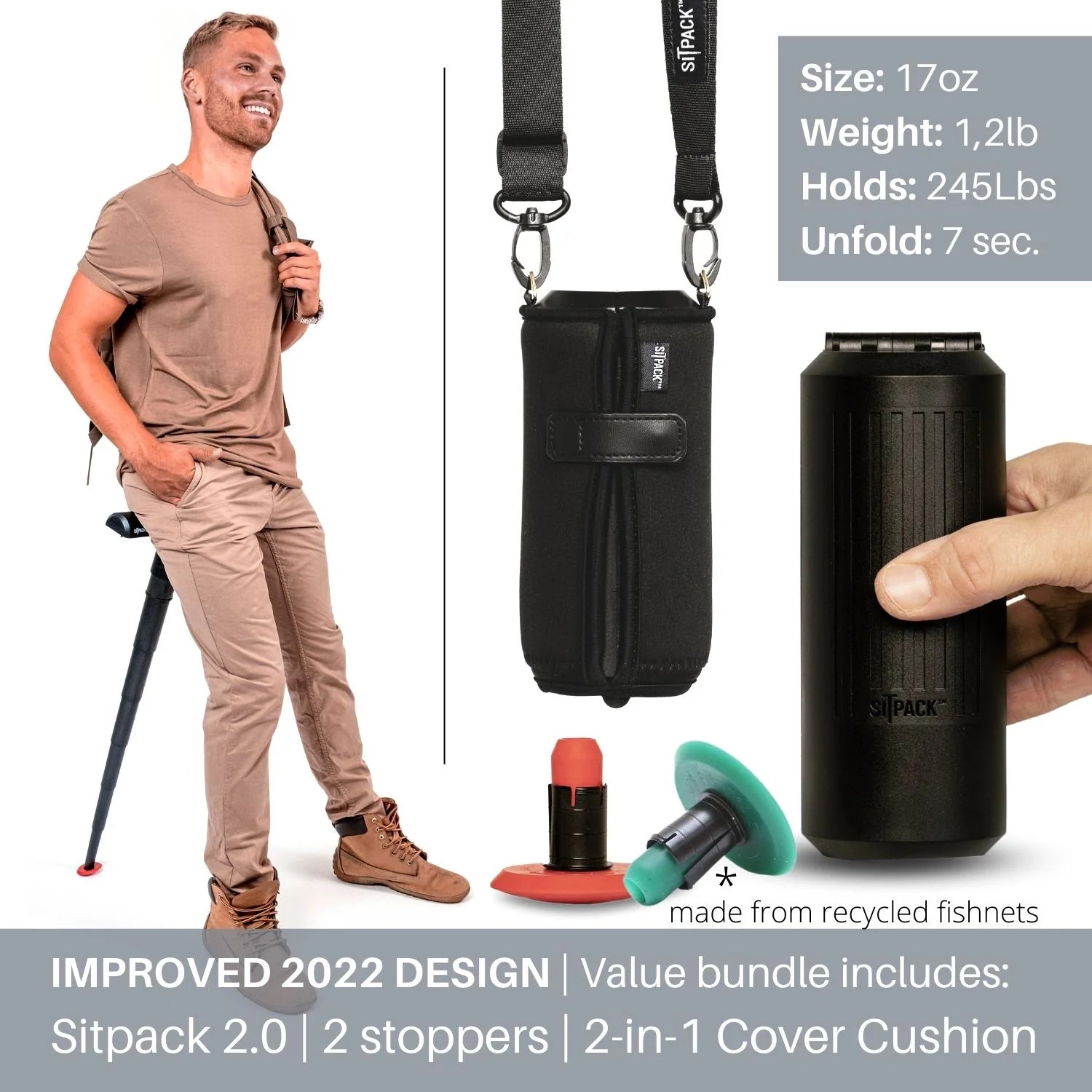 SitPack 2.0 – Klappstuhl mit 1 Bein – 500g (inkl. Trageschlaufe etc.)